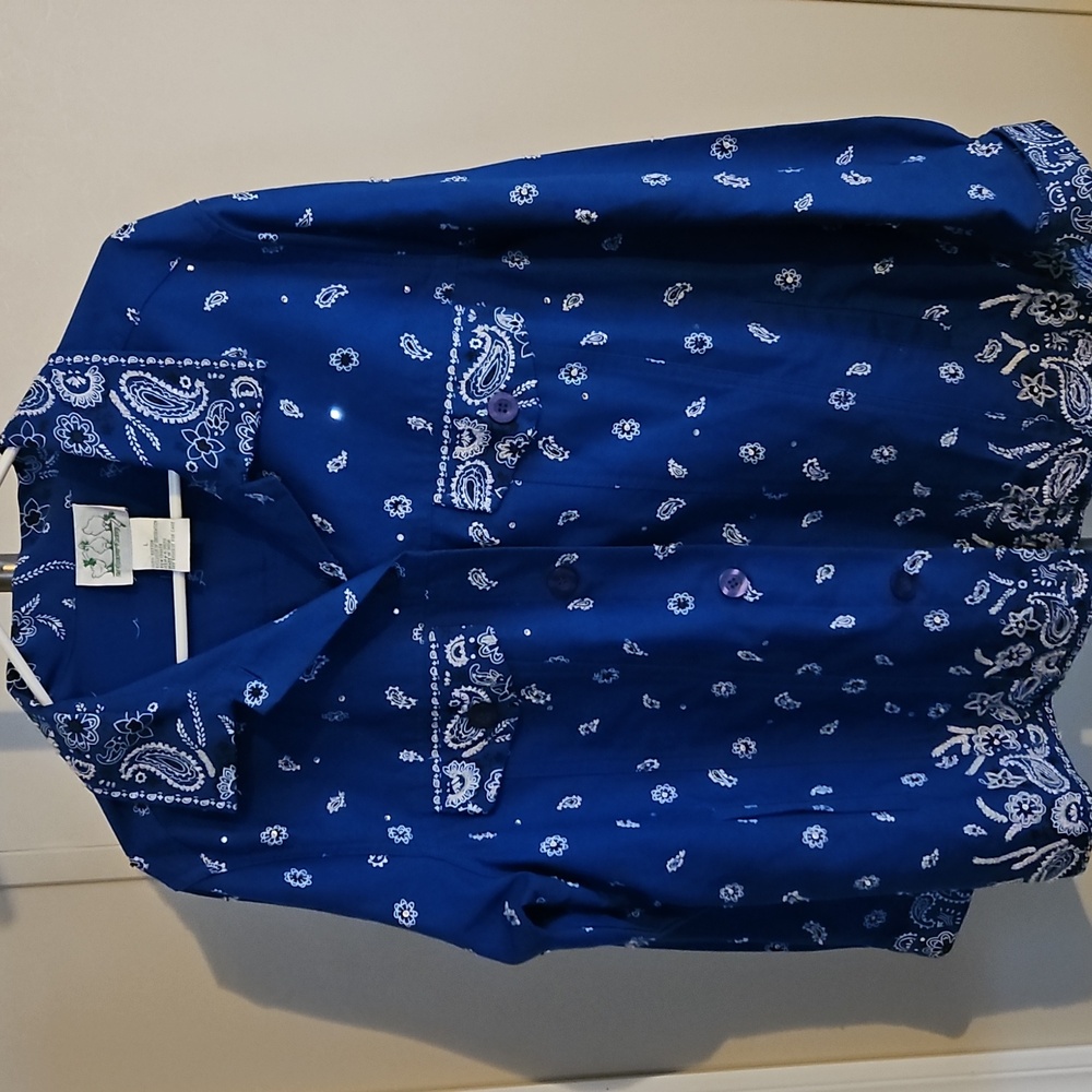 Quacker Factory Denim Jacket Size Large Embellished Beaded Embroidered Cotton